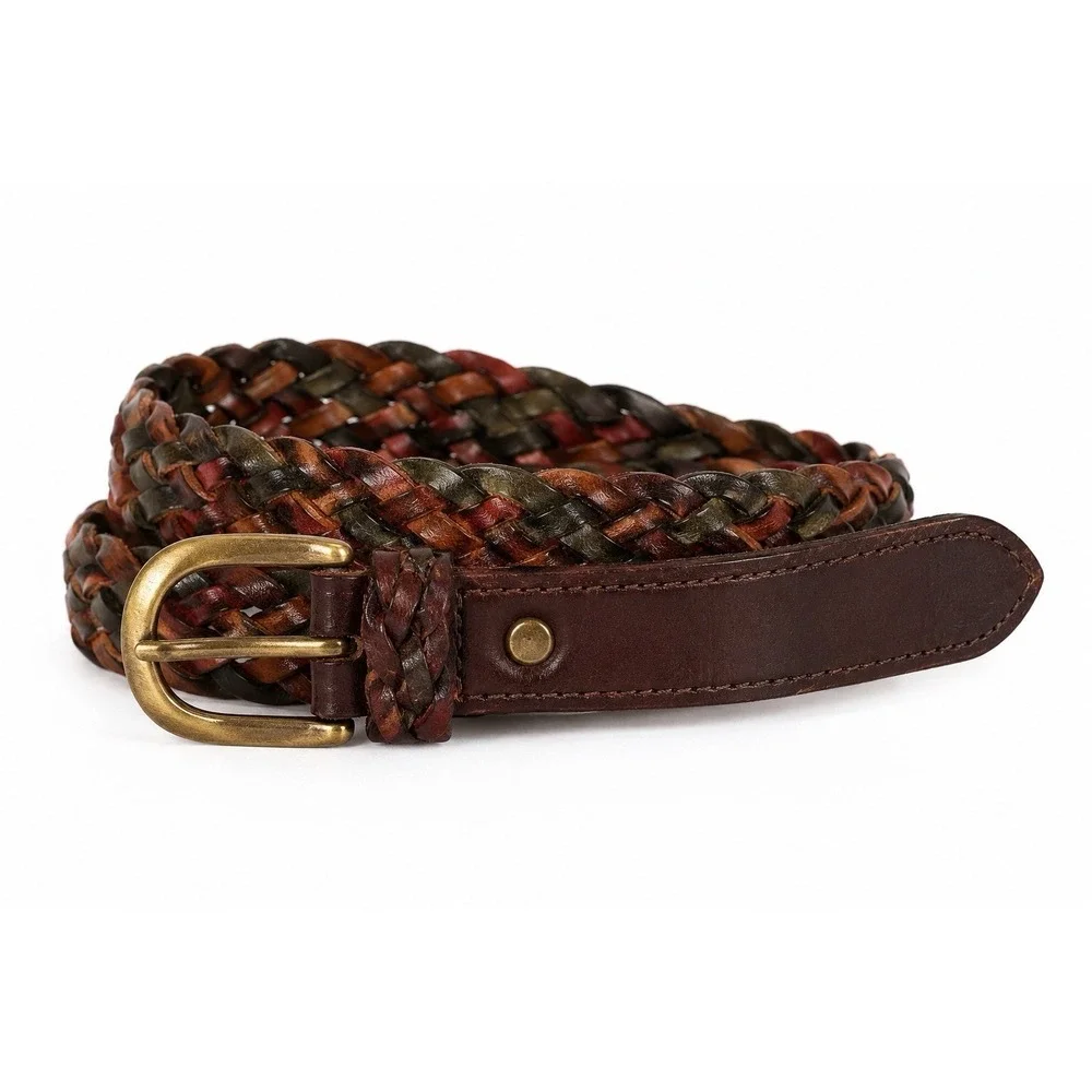 VTG Italian Full Grain Leather Braided Belt Sz 38 Made Turkey Tri-Color